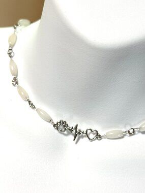 Genuine Milky Quartz Short Necklace, Gemstone w/ Paw Print Heart Beat Pendant